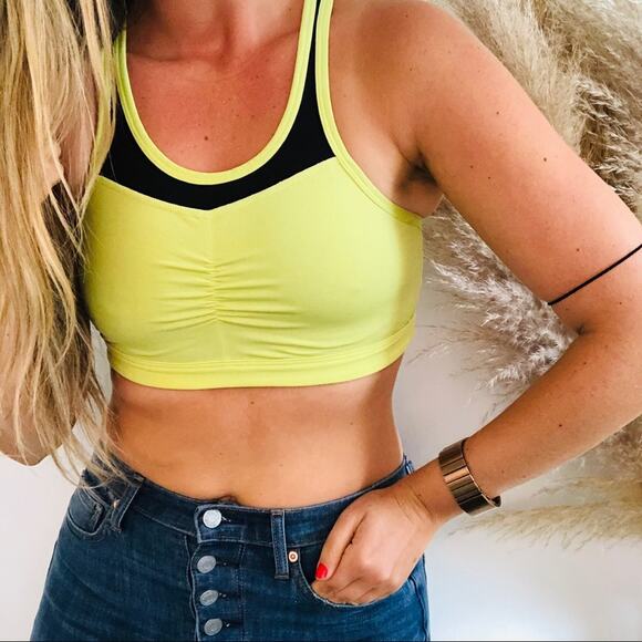 PURE Yellow Black Mesh Inset Ruched Front Sports Bra Crop Racerback S - Picture 1 of 8